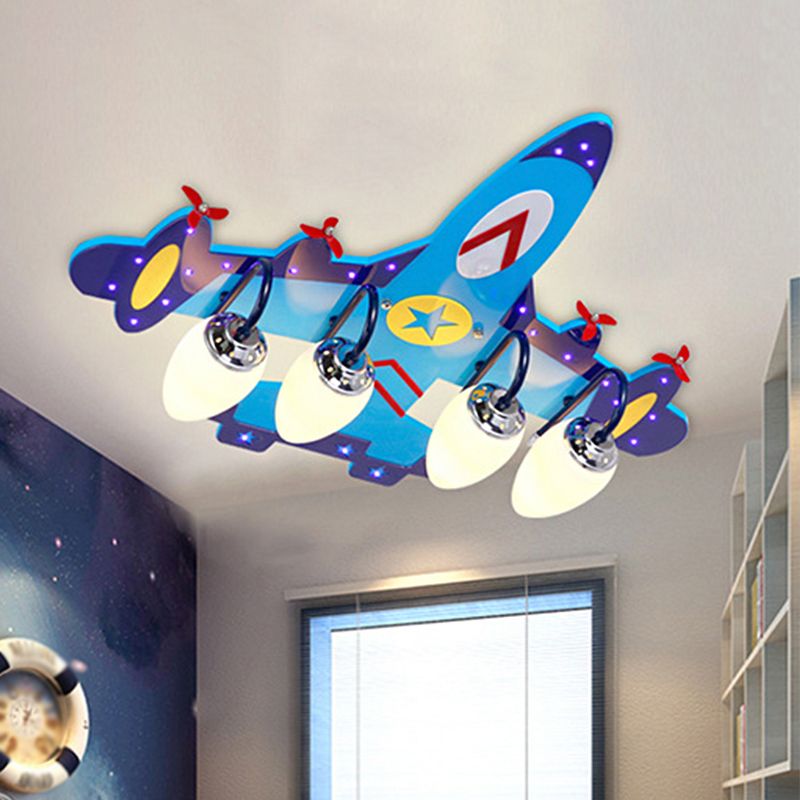 4-Bulb Bedroom Flush Mount Lamp Kid Blue Plane Ceiling Fixture with Ellipse Opal Glass Shade