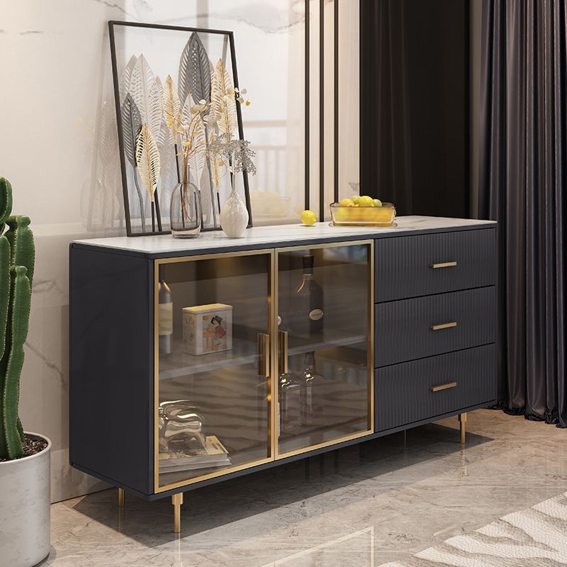 Glam Style Sideboard Stone Dining Room Sideboard with Glass Doors