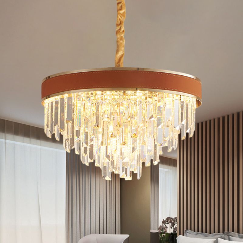 Brown Finish Round Chandelier Lamp Modern Crystal Prisms 8 Heads Living Room Suspension Pendant Light