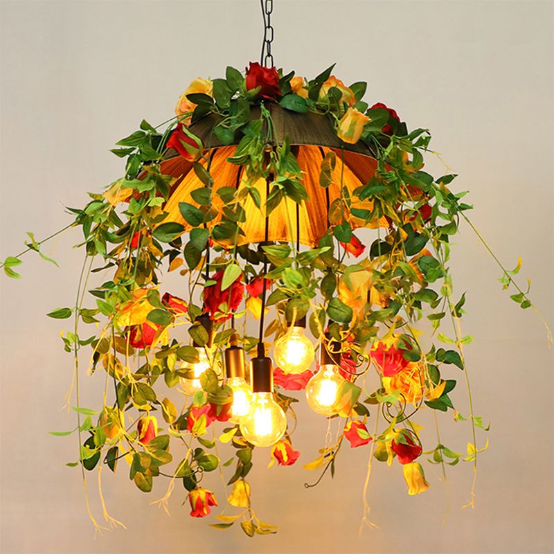 Orange 5-Bulb Pendant Lighting Rustic Metal Dome Chandelier with Art Flower and Leaf