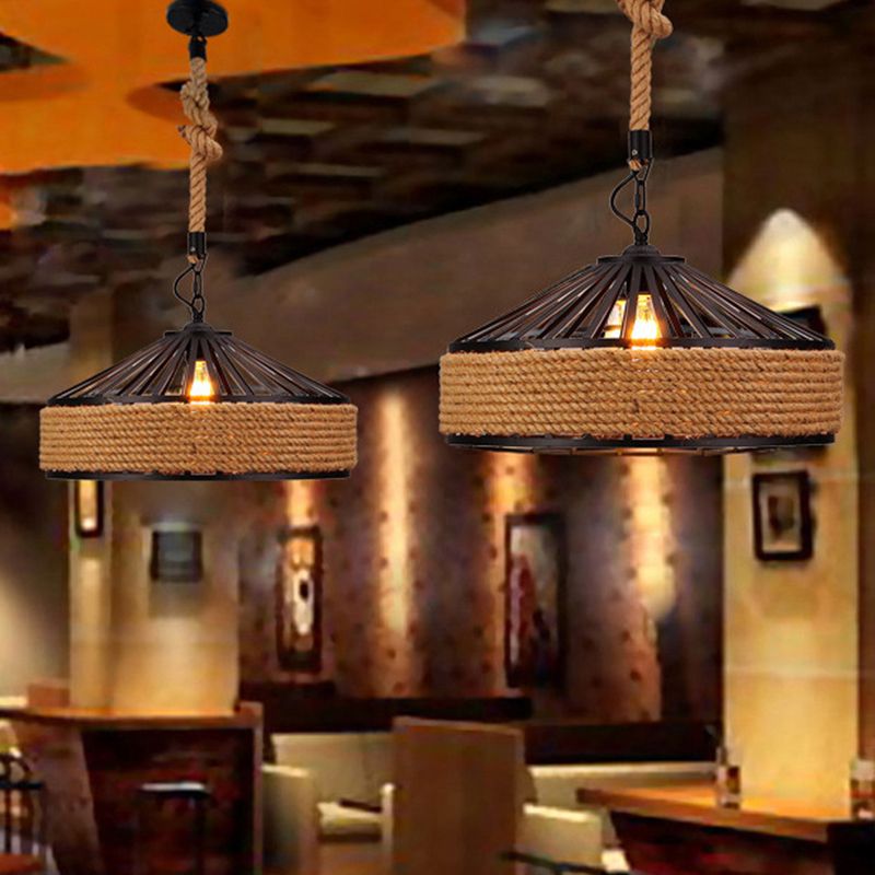 Brown 1-Light Pendant Light Countryside Roped Barn Shaped Hanging Ceiling Light for Bistro