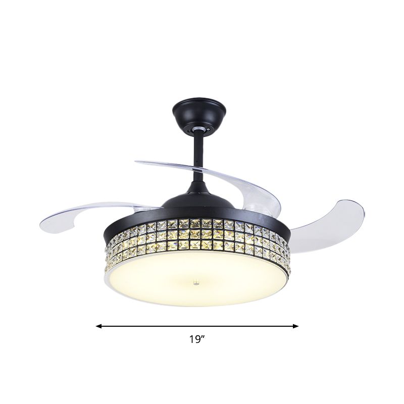 4-Blade Drum Semi Flush Mount Light Contemporary Cut Crystal 19" Width LED Black Hanging Fan Lamp