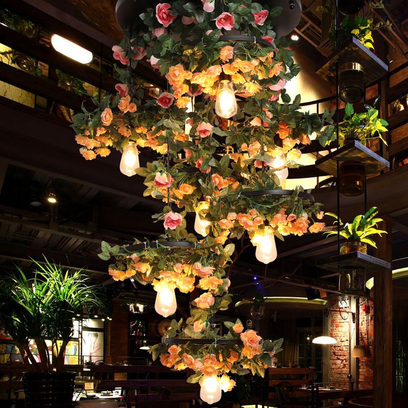 7 Lights Hanging Chandelier Warehouse Open Bulb Iron Flower Down Lighting Pendant in Black