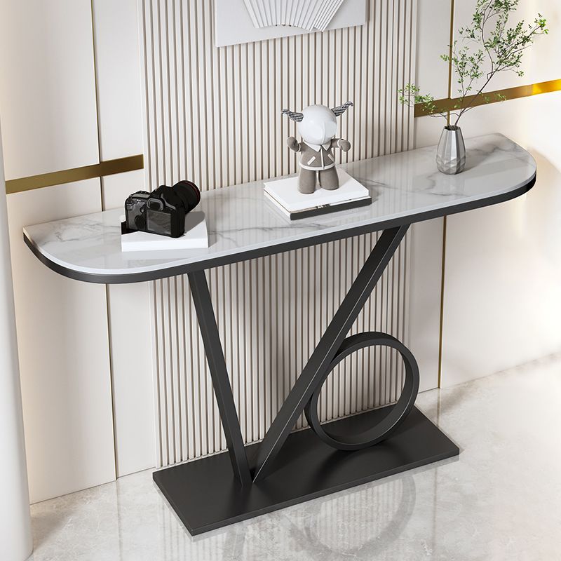 Stone Half Moon Top Console Table with Iron Pedestal Base Accent Table