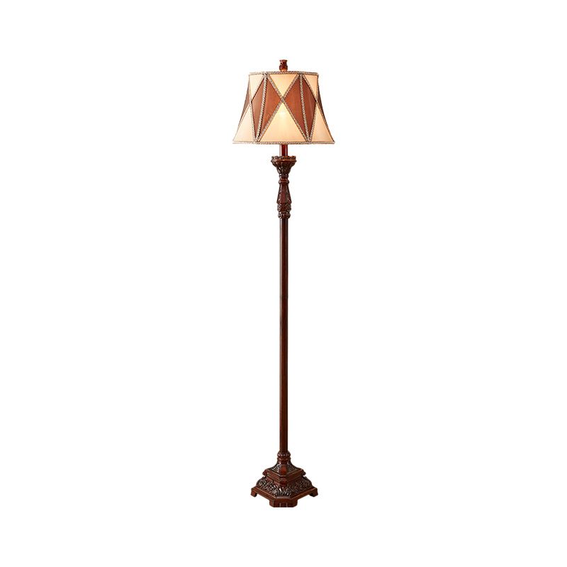 Red Brown 1 Bulb Floor Light Antiqued Style Fabric Flared Shade Floor Standing Lamp with Harlequin Design