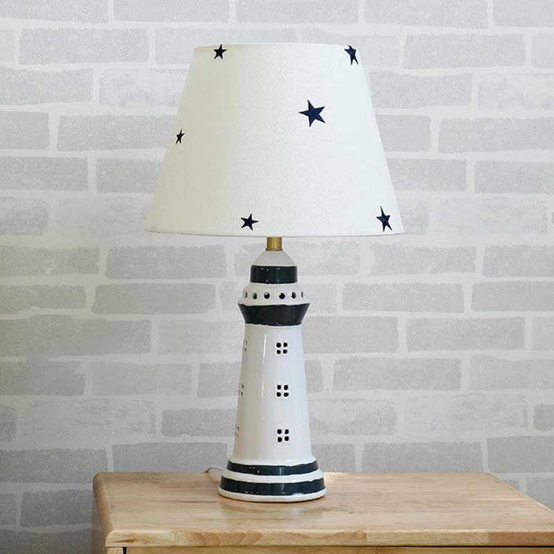 Conical Fabric Table Lamp Nordic 1 Bulb White Reading Book Light with Lighthouse Resin Base