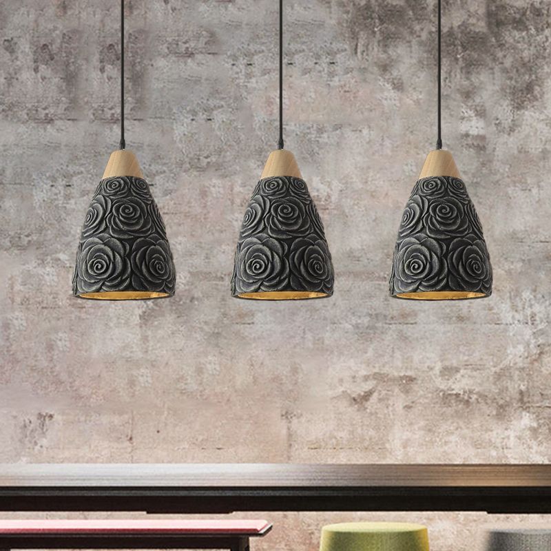 1 Light Pendant Ceiling Light Industrial Cone Cement Hanging Lamp Fixture in Black with Rose Pattern