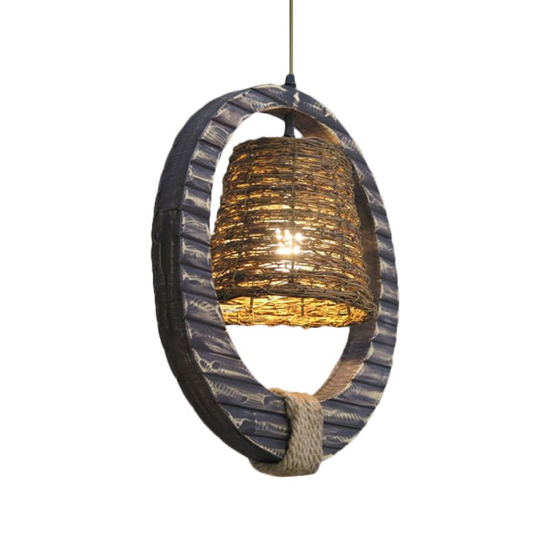 Antique Cone Suspension Pendant Light 1 Bulb Rattan Hanging Lamp in Black with Hemp Rope and Round Wood