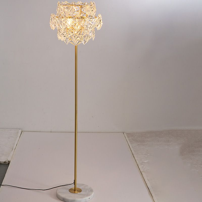 Tiered Snowflake Clear Crystal Floor Lamp Postmodern 3-Bulb Living Room Standing Light in Brass