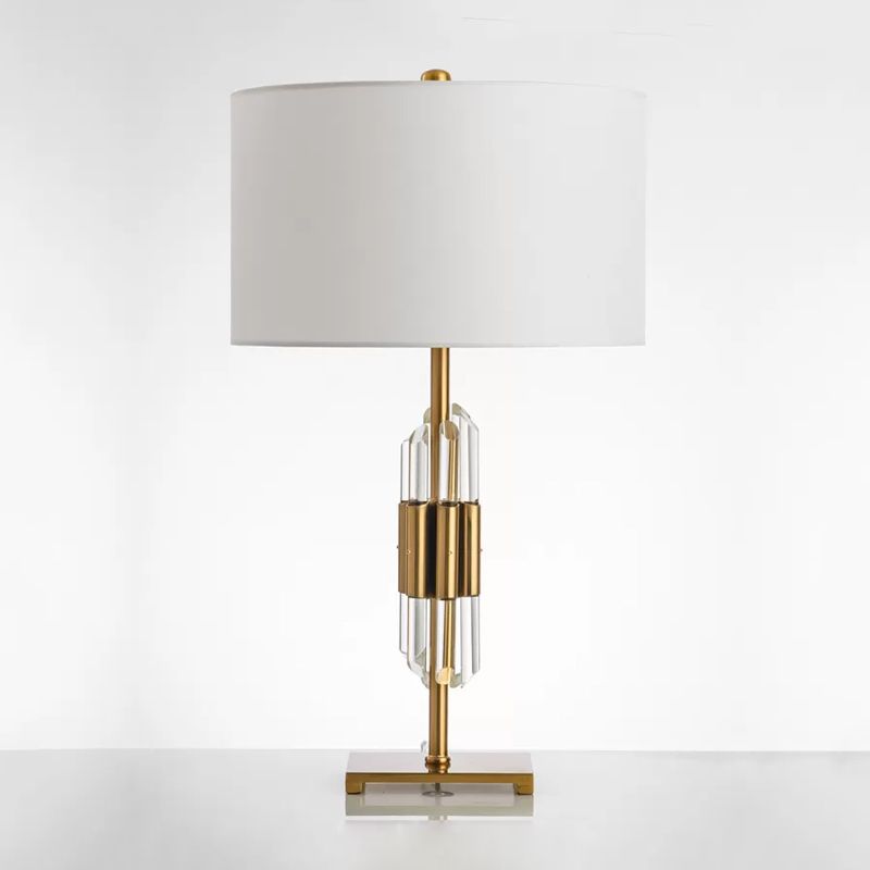 Crystal Rod Nightstand Light Postmodern Single White and Gold Table Lamp with Drum Fabric Shade