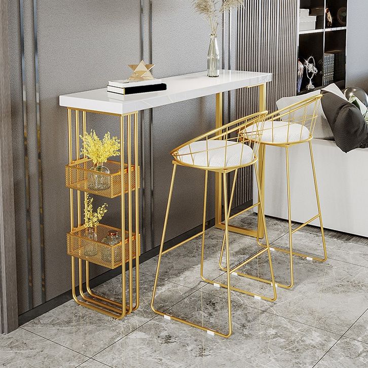 White Top Bar Table with Storage Base Glam Pub Table with Gold Metal Frame