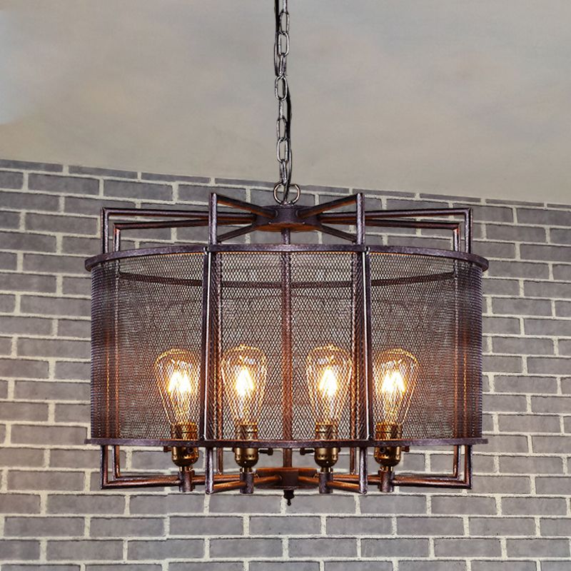 Metal Mesh Drum Chandelier Lighting Rustic Loft Multi Light Farmhouse Hanging Lamp in Rust