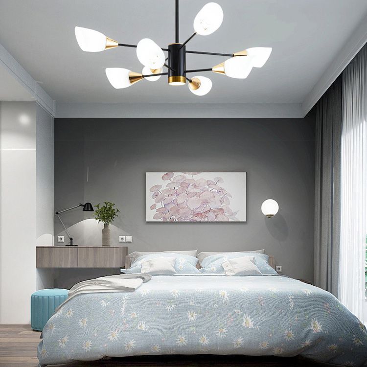 Modern Chandelier with Opal Frosted Glass Shade Black Pendant Lighting for Dining Room Bedroom