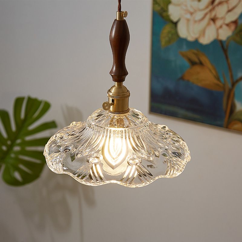 Flower Dining Room Pendant Lighting Vintage Clear Glass 1-Light Brass Pendulum Light