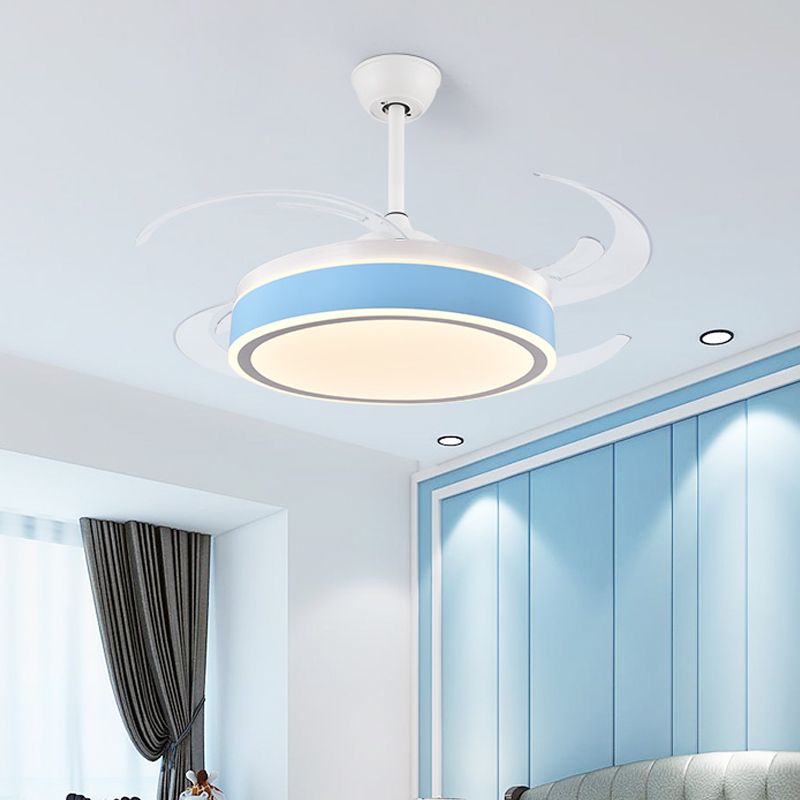 Metal Round Hanging Fan Light Simple Modern 4 Blades LED Semi Flush Mounted Lamp in Grey/Pink/Blue for Dining Room, 47" Wide