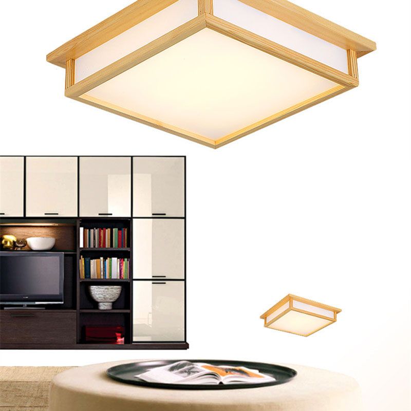 Minimalism Flush Mount Square LED Ceiling Light with Wood for Living Room