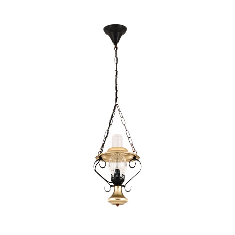 Iron and Glass Lantern Ceiling Pendant Industrial Single Light Bedroom Chain Hung Pendant in Brass