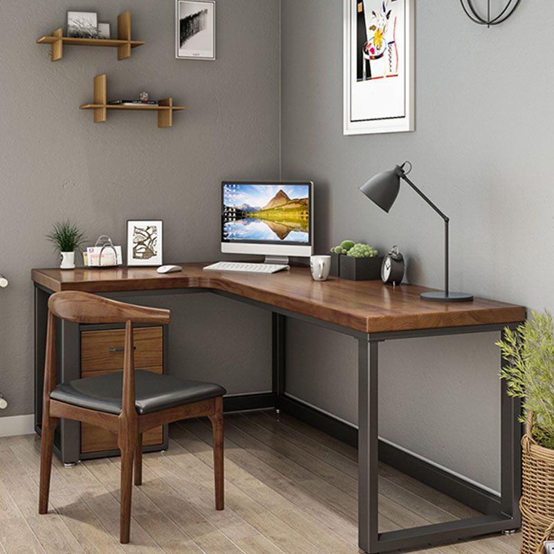 Modern Pine Wood Office Desk Brown L-Shape Task Desk for Home and Office