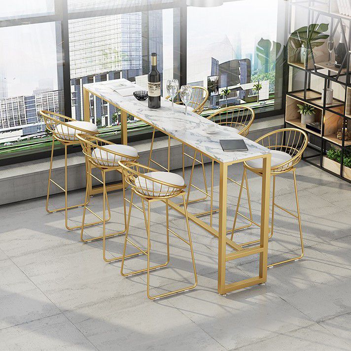 Stone Rectangle Bar Dining Table Contemporary Bar Table with Trestle Base in Gold