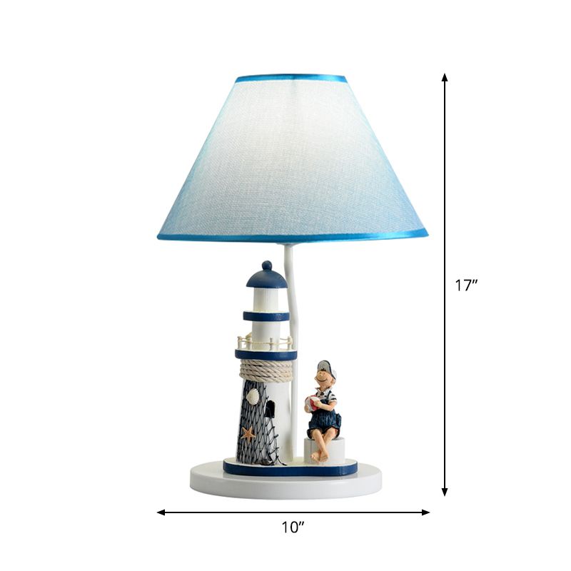 Barrel Shade Night Light Kids Fabric 1 Head Blue Table Lamp with Cartoon Girl/Boy and Lighthouse Decor