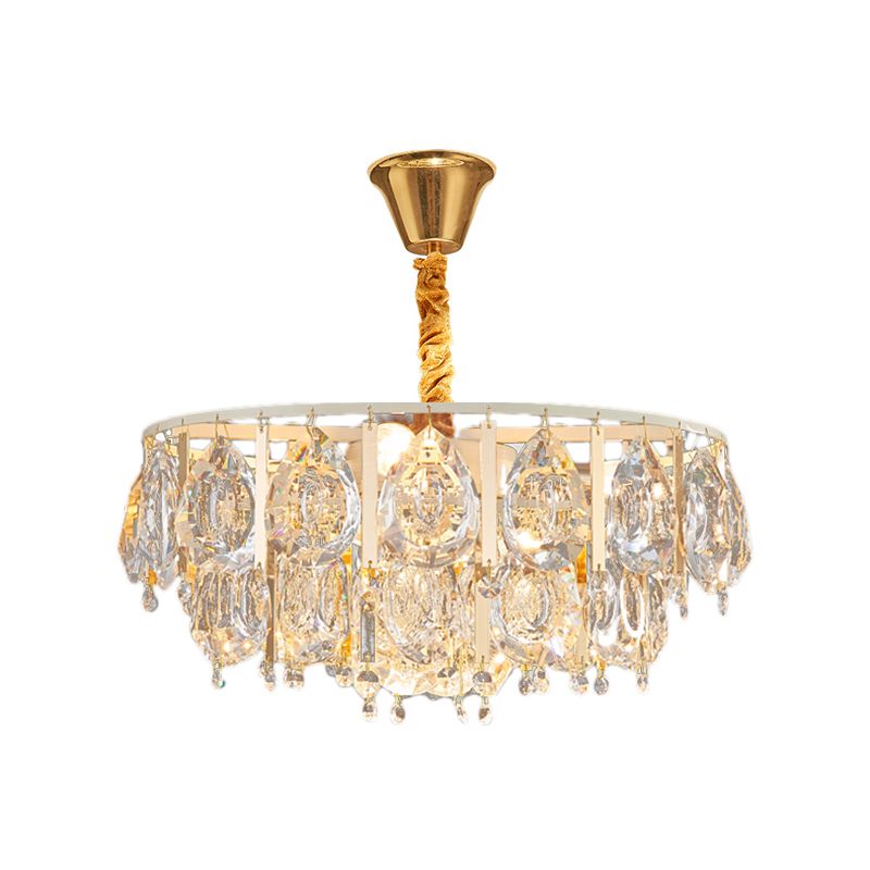 Round Teardrop Crystal Hanging Light Kit Contemporary 3/4 Lights Gold Chandelier Light, 16"/19.5" Wide