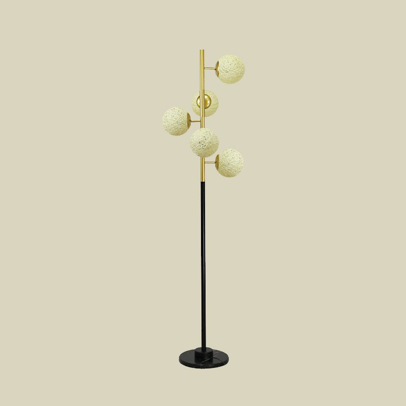 Black-Gold Tree Floor Light Simplicity 5-Bulb Metal Standing Up Lamp with Beige/Milk White Glass Shade