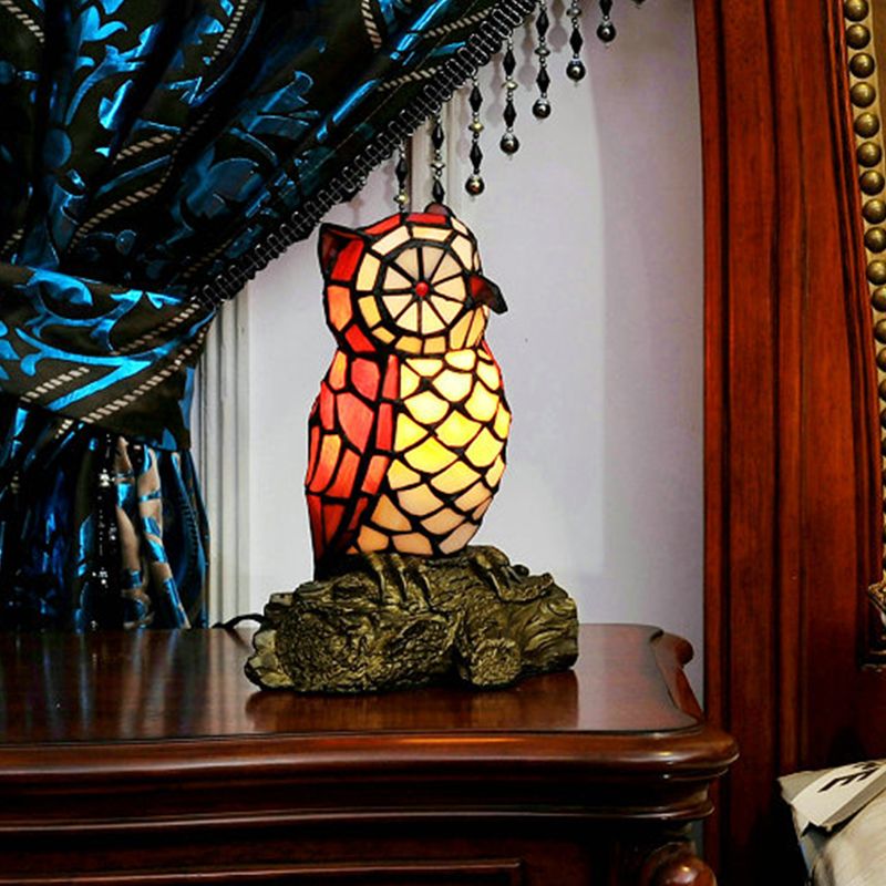 Stained Glass Red Night Table Lamp Owl Shaped 1 Light Tiffany Style Nightstand Light with Resin Base