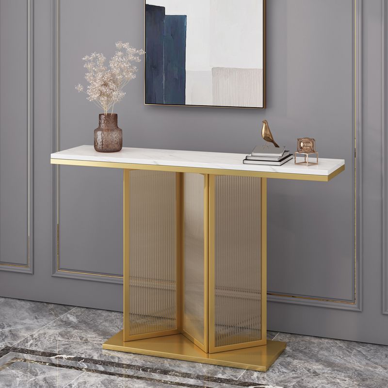 Glam Style Stone Top Console Table with Iron Pedestal Base and Glass