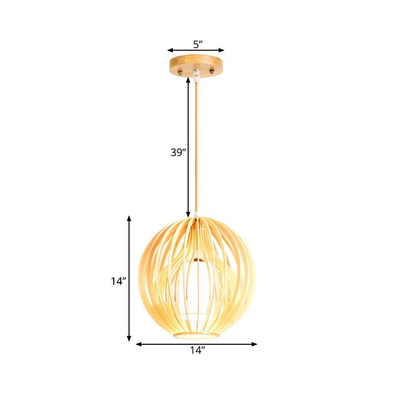 Azië-stijl 2-laags kooi hanger houten 1 kop eetkamer plafondlicht in beige met interieurstofschaduw