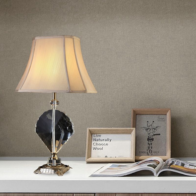 1 Light Table Lamp Minimalism Bell Shaped Fabric Night Light in Beige with Leaf Crystal Accent