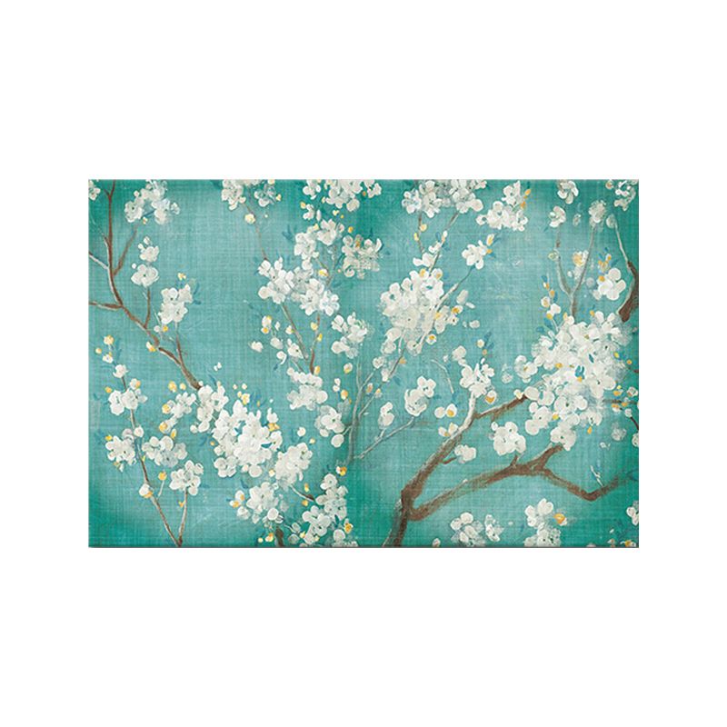 Blossoming Plum Tree Wall Art Traditional Canvas Painting in White on Blue for Bedroom