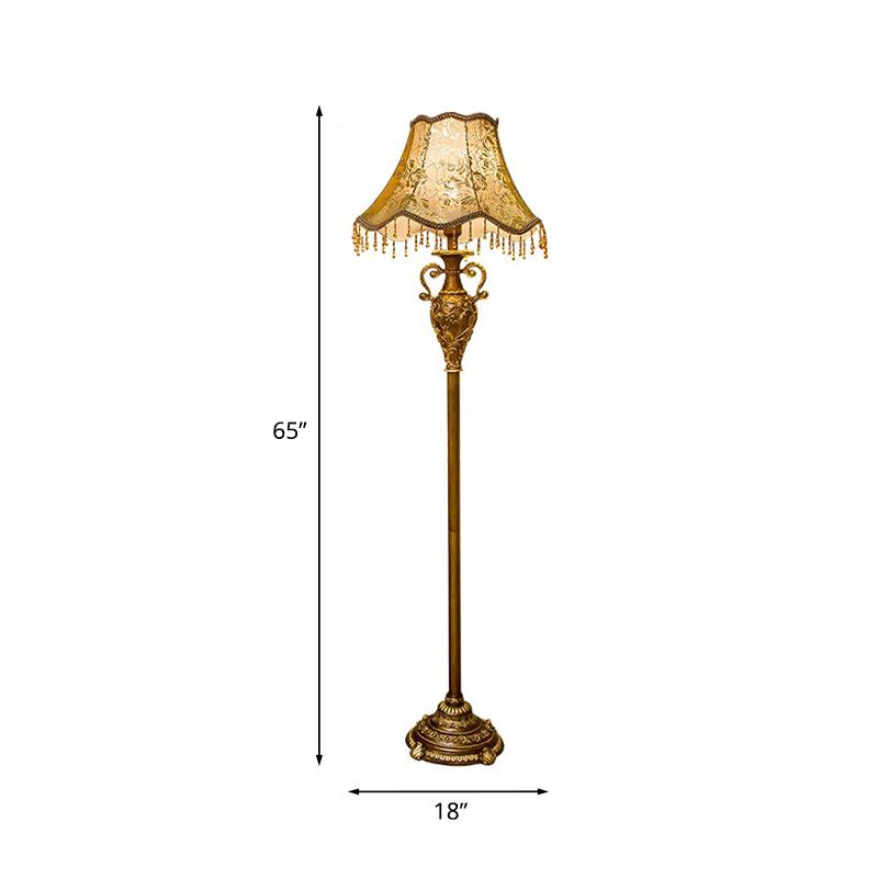 Rose Print Fabric Scalloped Floor Light Rustic 1 Bulb Living Room Floor Standing Lamp in Gold