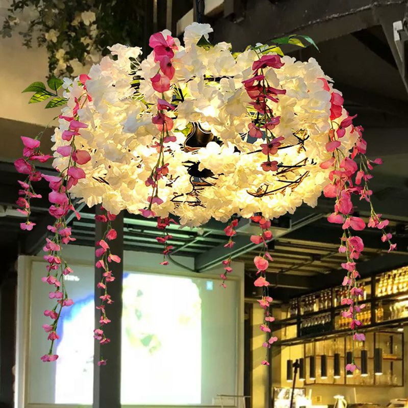 3-Bulb Round Hanging Lamp Loft Style Metal Pendant Light Fixture with Fake Flowers for Restaurant