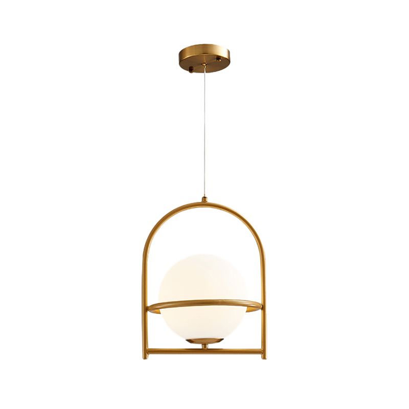 Modern Ball Suspension Light with Birdcage Design Opal Glass 1 Bulb 9"/11" Wide Bedside Ceiling Hang Fixture in Black/Gold