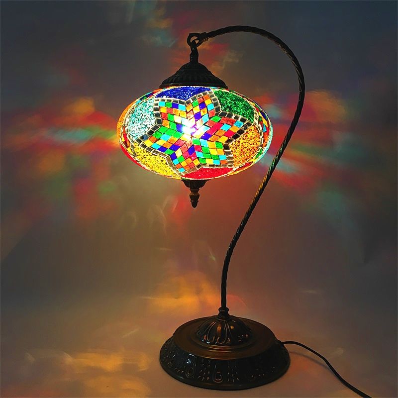 Decorative Oblong Night Light Single Head Stained Art Glass Table Lamp with Curved Arm in Yellow/Blue/Green