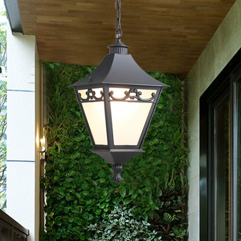 Black/Bronze 1 Bulb Drop Pendant Rustic White Glass Lantern Hanging Ceiling Light for Corridor