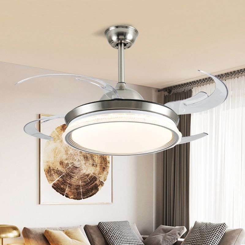 Acrylic Ring Ceiling Fan Lighting Contemporary LED Dining Room Semi Flush Mount Light in Silver with 4 Clear Blades, 42" W