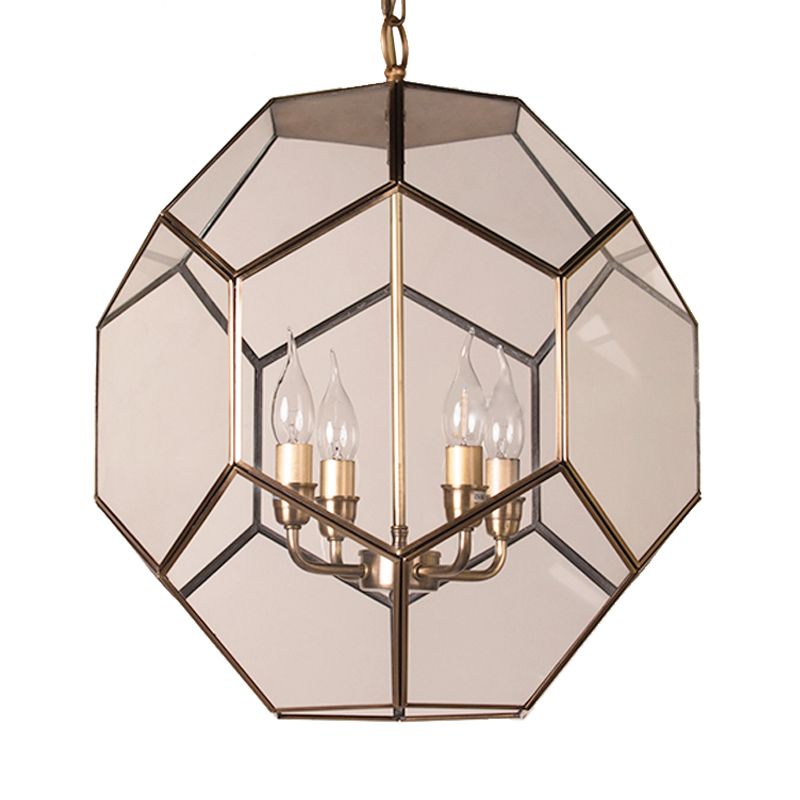 Hexagon Ceiling Chandelier Modernism Brown/ Clear Glass 4 Heads Hanging Light Fixture for Bedroom