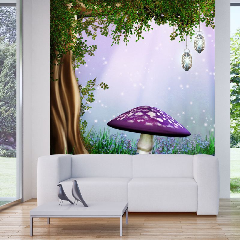 Plant Mushroom and Tree Murals Non-Woven Fabric Stain Resistant Purple and Green Wall Art for Kids Room