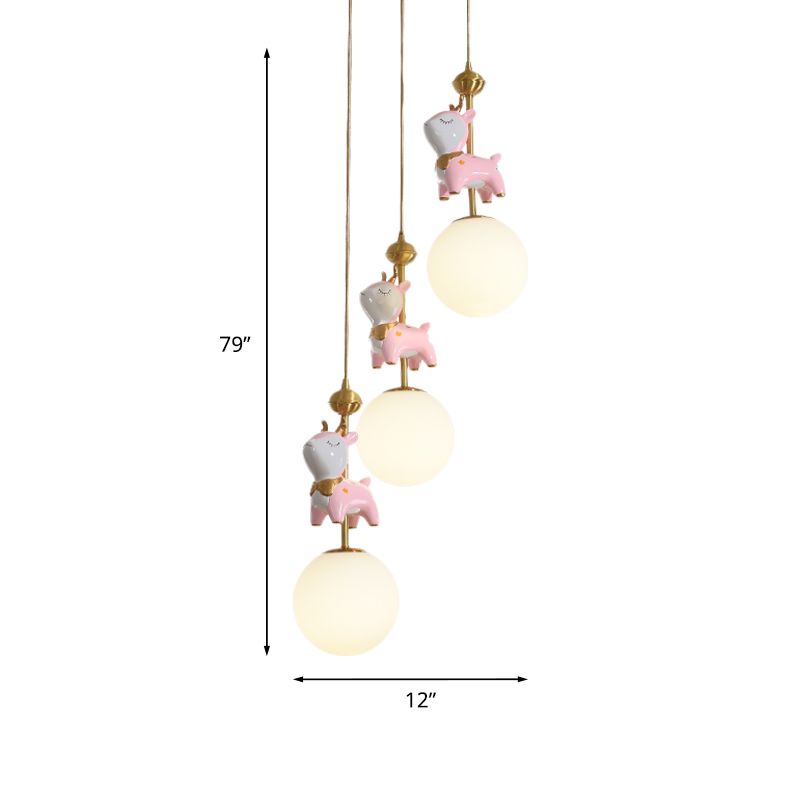 Cartoon Deer Cluster Ball Pendant Cream Glass 3-Head Kids Room Hanging Ceiling Light in Pink