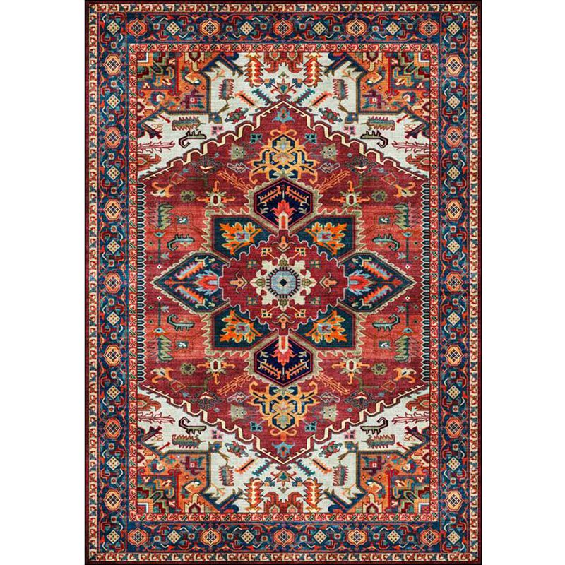 Retro Medallion Pattern Rug Red Persian Rug Polyester Machine Washable Anti-Slip Area Rug for Bedroom