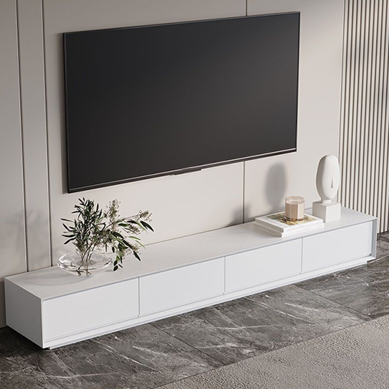 Contemporary TV Console White Wood/Stone Top TV Stand with Soft Close Drawers