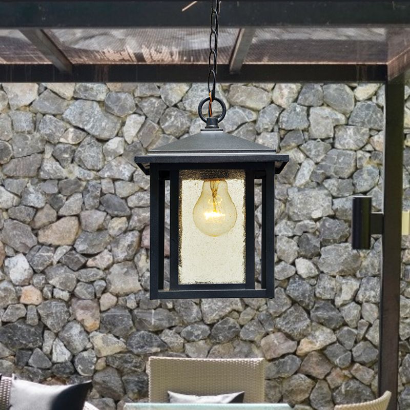 Clear Seedy Glass Black Pendant Lantern 1-Head Retro Hanging Light Fixture for Outdoor