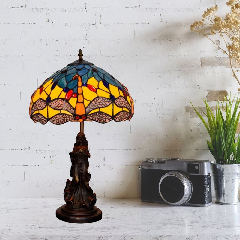 Mediterranean Dragonfly-Flower Table Lamp Single Blue/Yellow/Blue-White Night Stand Light with Angel Pedestal