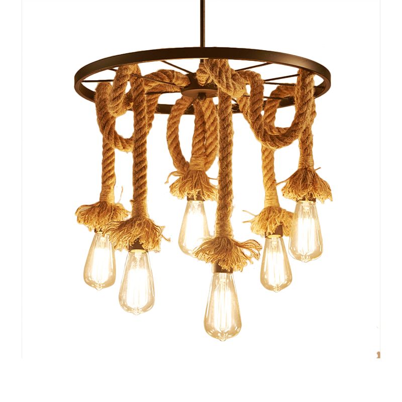 Wiel metalen hangende lamp retro stijl 6 lichten halwegen plafondlicht met verstelbaar touw in bruin