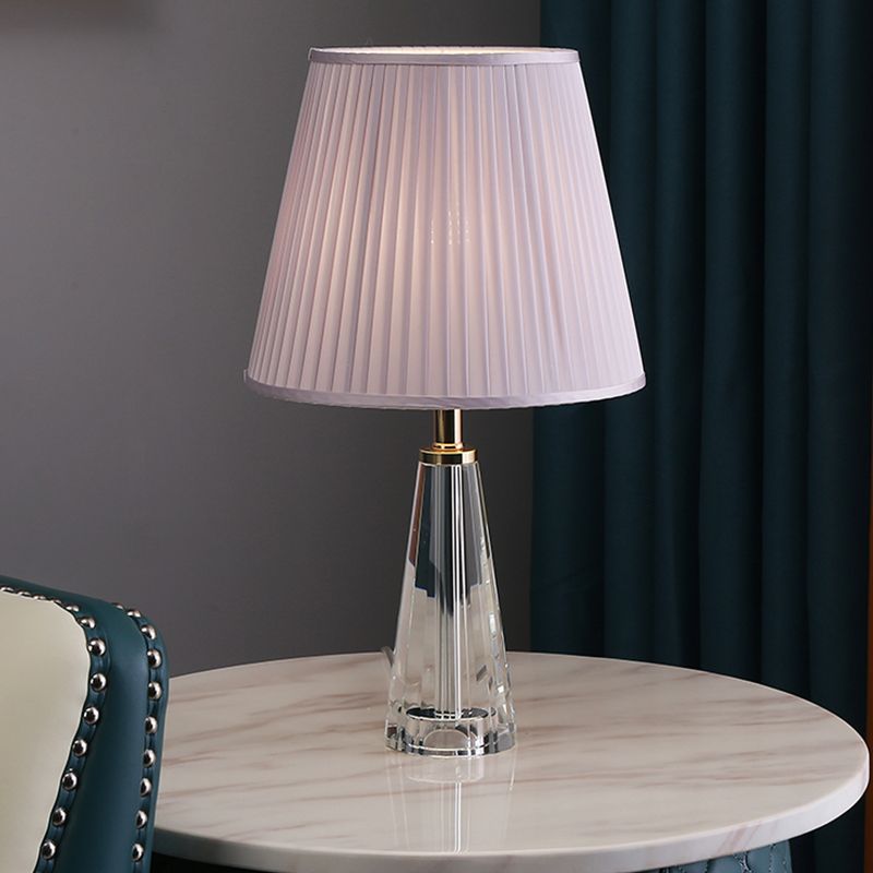 1 Light Conical Desk Lighting Minimalism Clear Crystal Nightstand Lamp in Grey/Pink/Blue with Pleated Shade