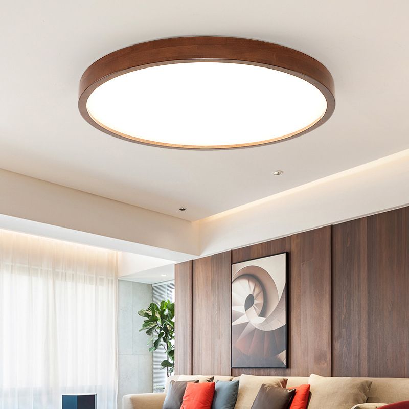 1-Light Round Flush Ceiling Lights Modern Wood Flush Mount in Brown