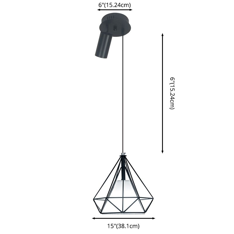 Vintage Diamond Drahtkäfig Anhänger 1 Bulb Metall Hanging Light mit Scheinwerferlicht in Schwarz