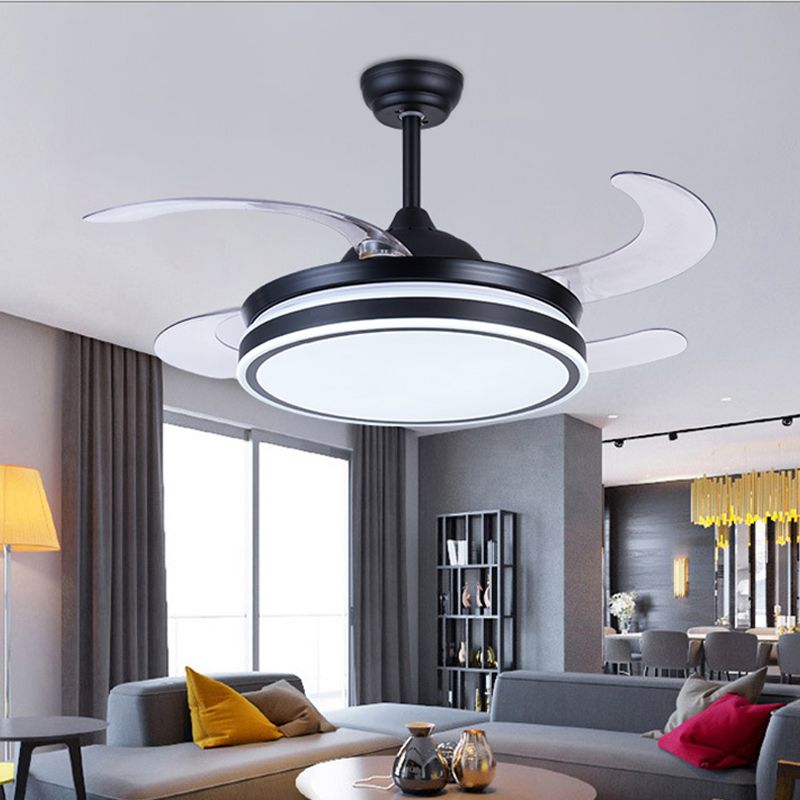 36" W LED Pendant Fan Lighting Modern Circle Metal 4 Blades Semi Flush Ceiling Light Fixture in Black, Remote/Wall Control/Remote and Wall Control