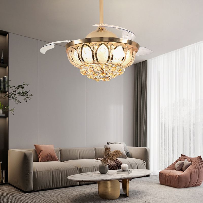 Modern LED Fan Lighting Fixture Crystal Gyroscopic Ceiling Fan in Gold